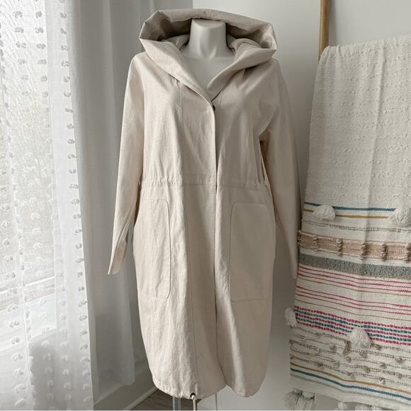 By Anthropologie Stevie Ivory Faux Leather Hooded Snap Front Utility Jacket L - Picture 1 of 13